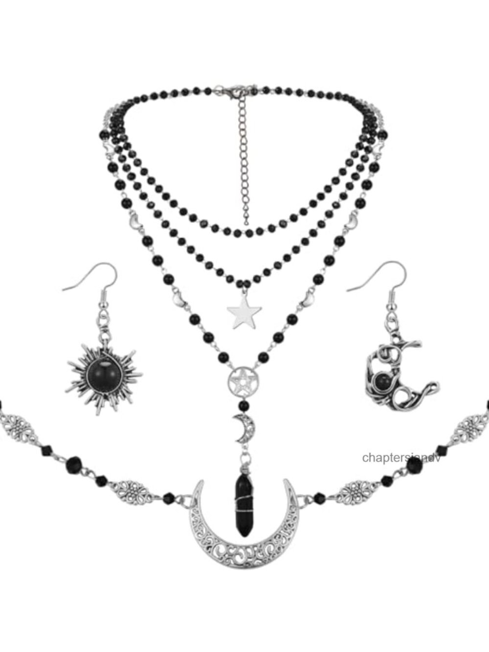 Gothic Sun Moon Jewelry Set Alloy PU Leather Choker Headpiece Earrings
